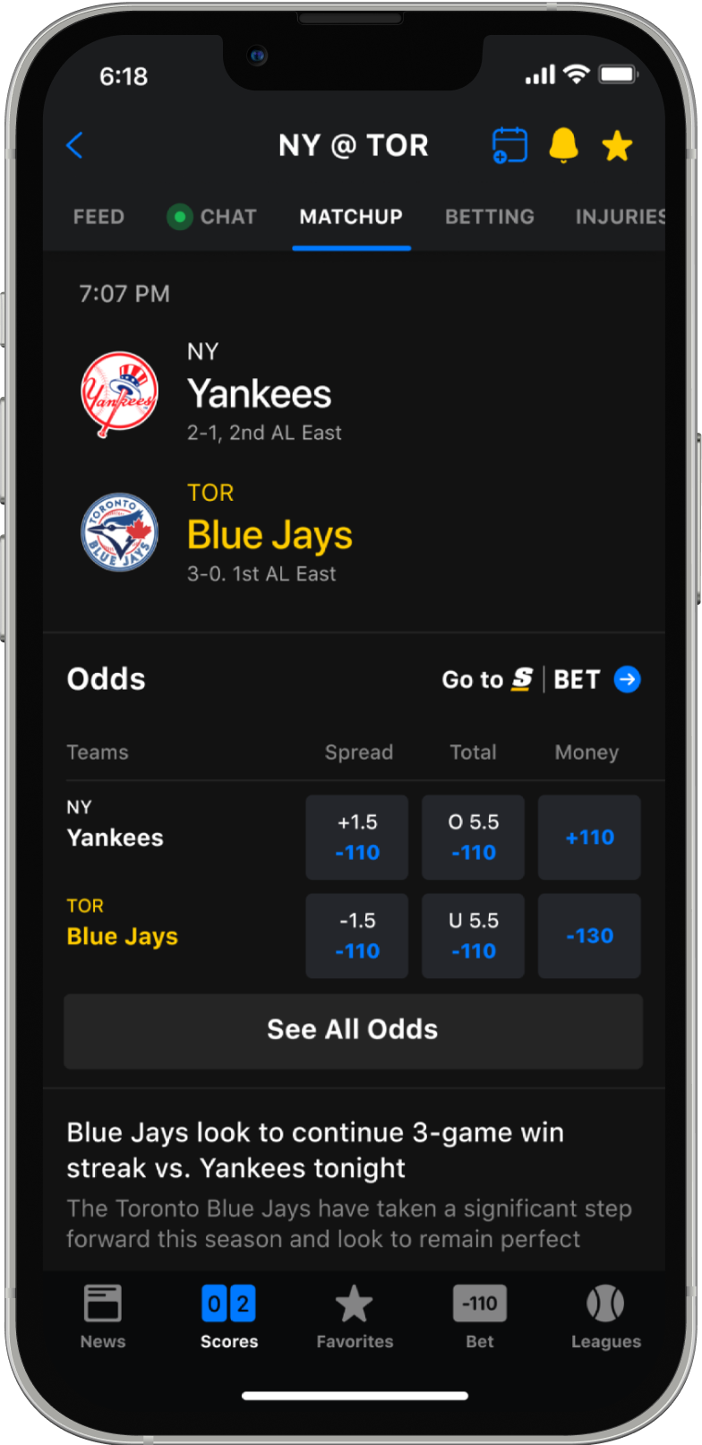 theScore Bet Matchup page
