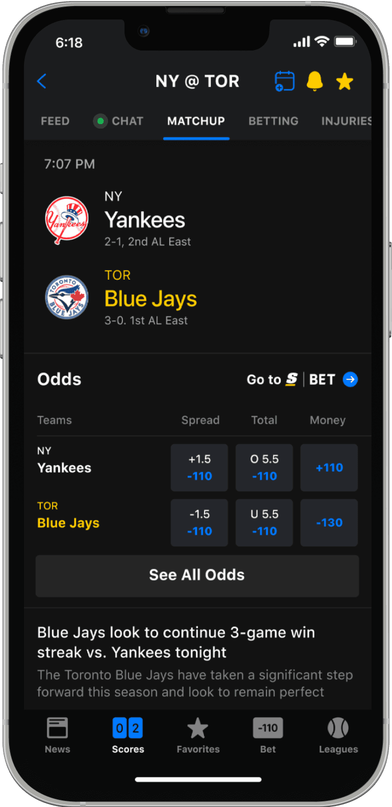 theScore Bet Matchup page