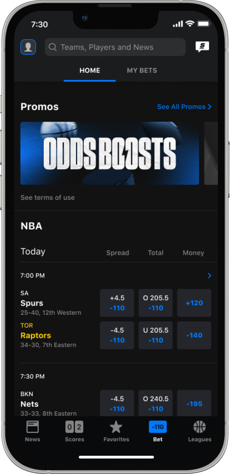 theScore Bet Bet Selectors page