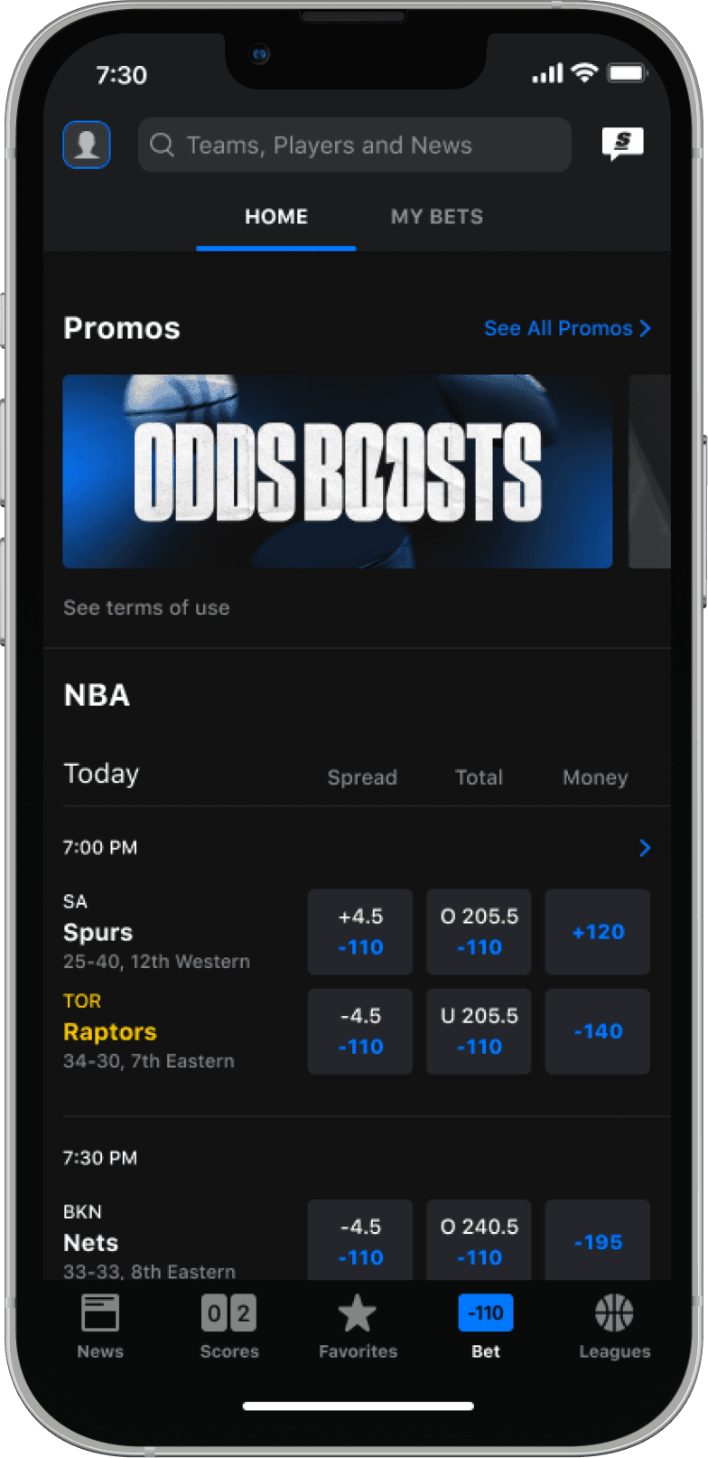 theScore Bet Bet Selectors page